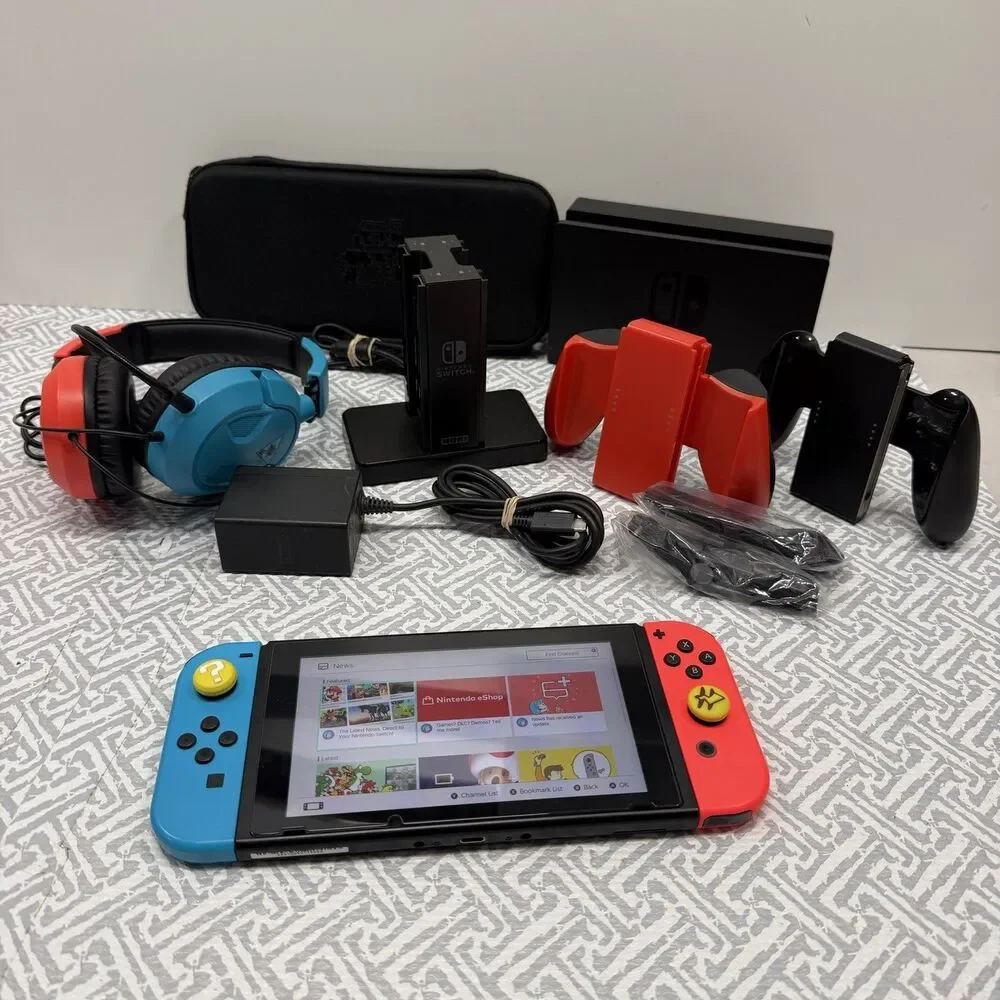 Nintendo Switch V1 Console Bundle XAW1005 Neon Joy-Con Dock Case Headphones